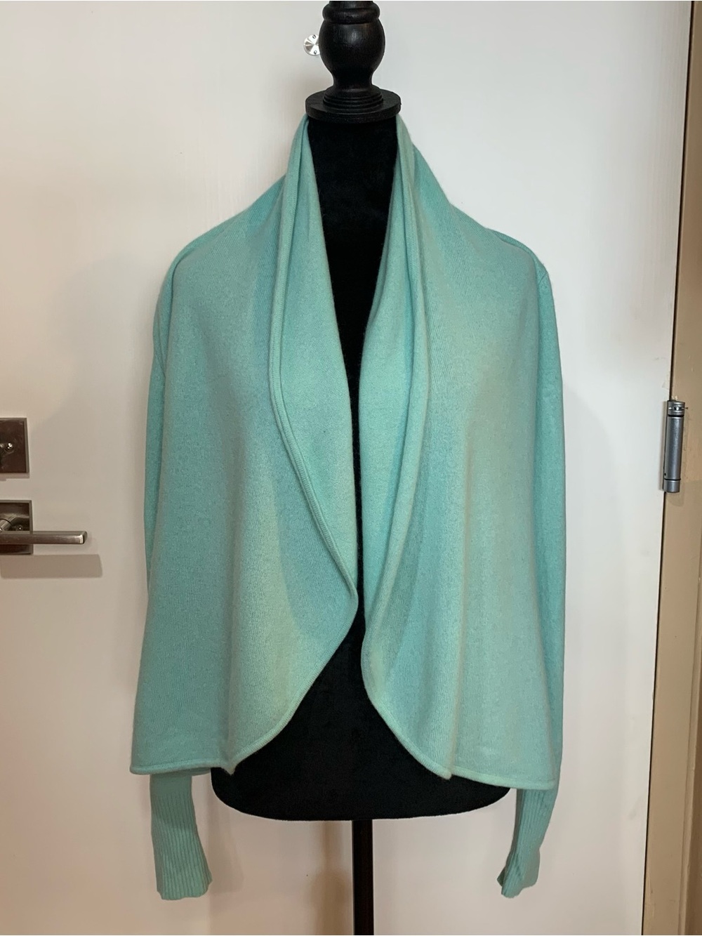 Saks Fifth Avenue Small 100% Cashmere Aqua Open Front Shawl Collar Sweater